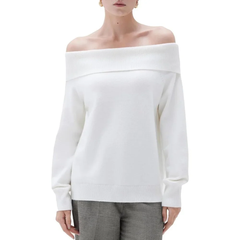 Women Cashmere Off Shoulder Sweater Oversized Knit Long Sleeve Top